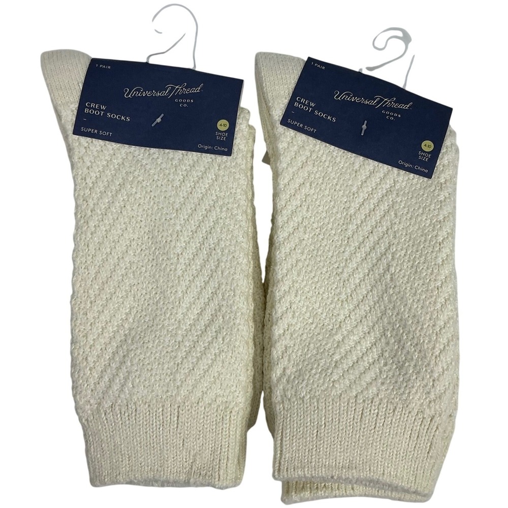 2 Pairs Universal Thread Crew Boot Socks Women's 4-10 Beige Textured Super‎ Soft